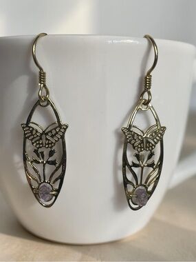 Gold Tone Butterfly Floral Amethyst Filigree Drop Earrings